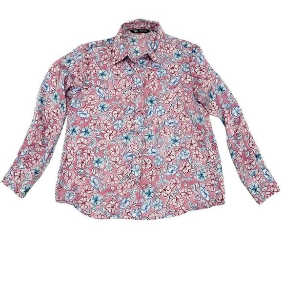 ZARA Sz M floral pink satin button blouse shirt like new - Picture 1 of 9